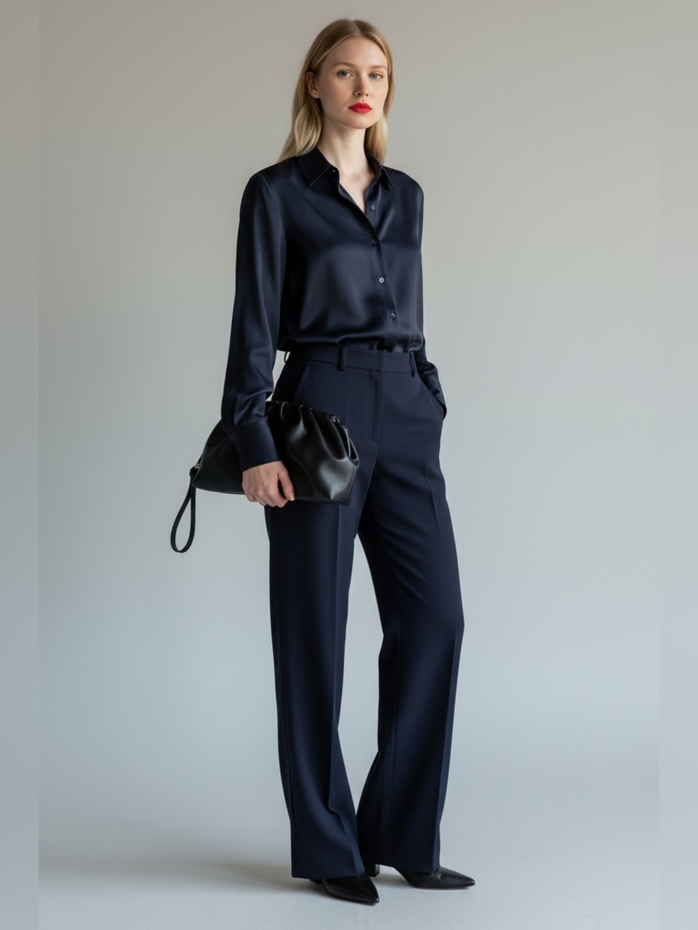 Proenza Schouler Ravin Navy Satin Button-Down Blouse